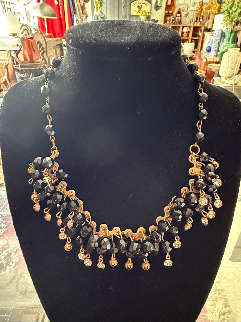 Black Bead Statement Necklace with Gold Accents